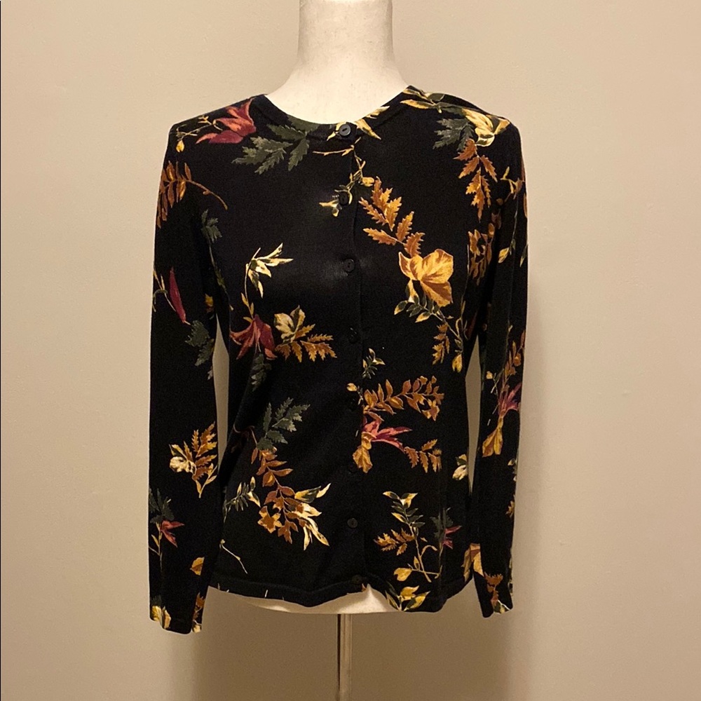 Christopher & Banks Black Floral Long Sleeve Round Neck Fitted Blouse